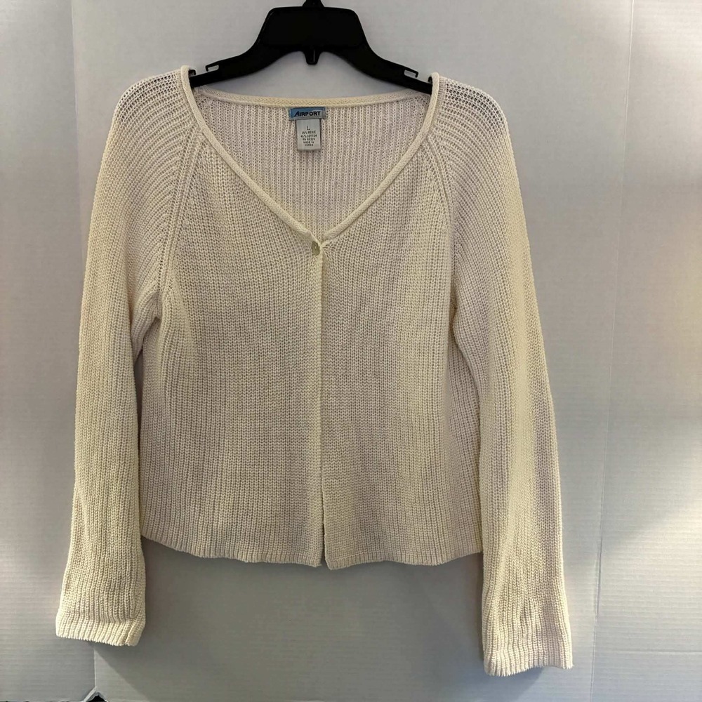 Airport Cardigan Sweater Womens L Cream Ramie V-Neck Single Button Vintage Boho